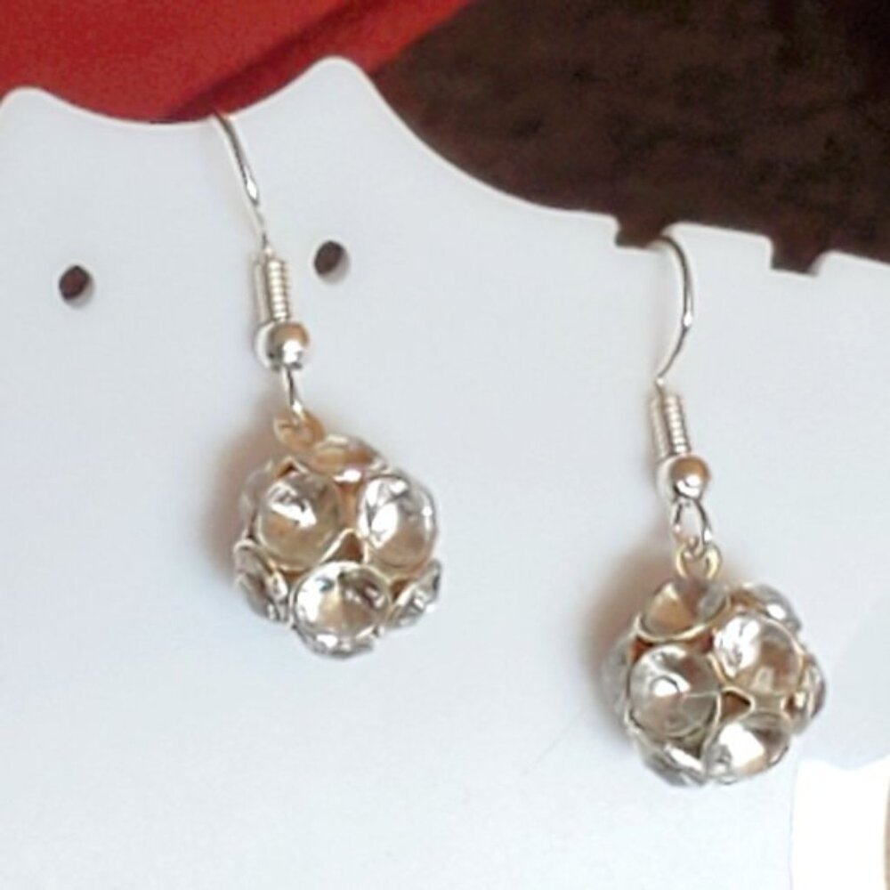 Silver Tone Hook Rhinestone Bead Dangle Earrings